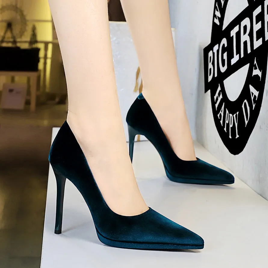 2025 3255-10  banquet super high heel waterproof table women's shoes thin heel shallow mouth pointed thickened Xishi suede shoes