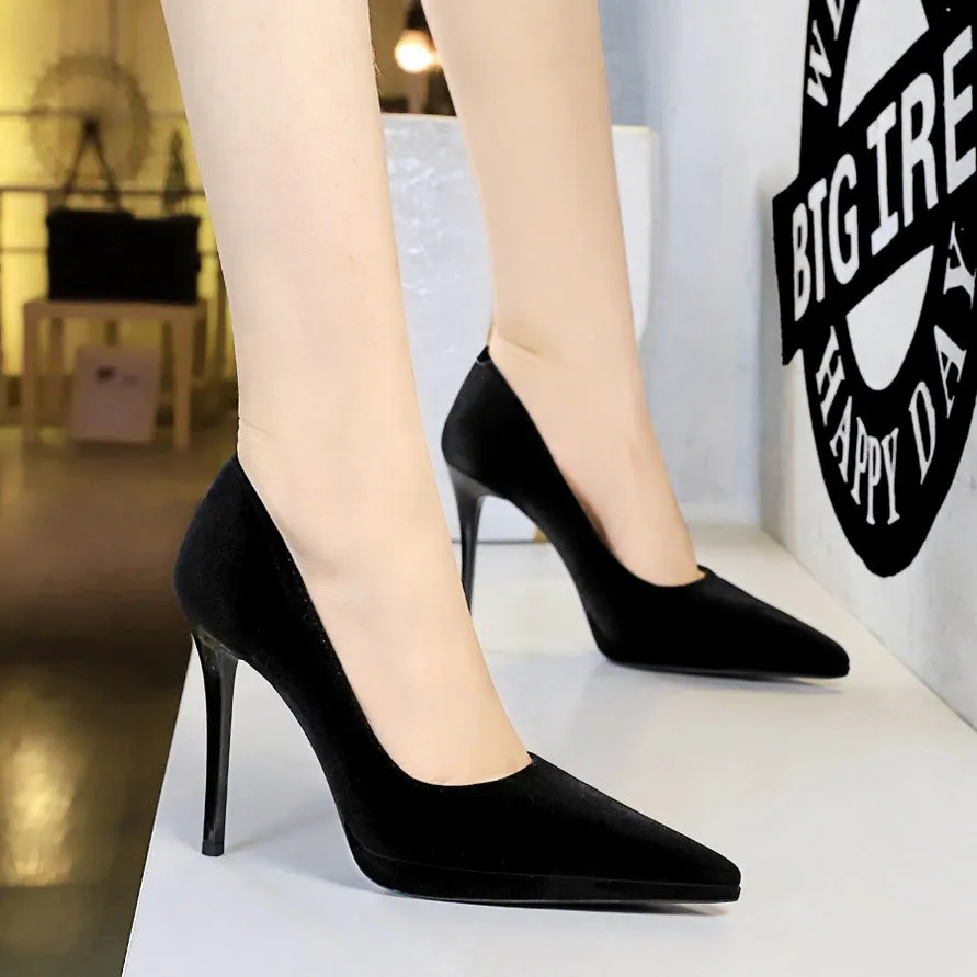 2025 3255-10  banquet super high heel waterproof table women's shoes thin heel shallow mouth pointed thickened Xishi suede shoes