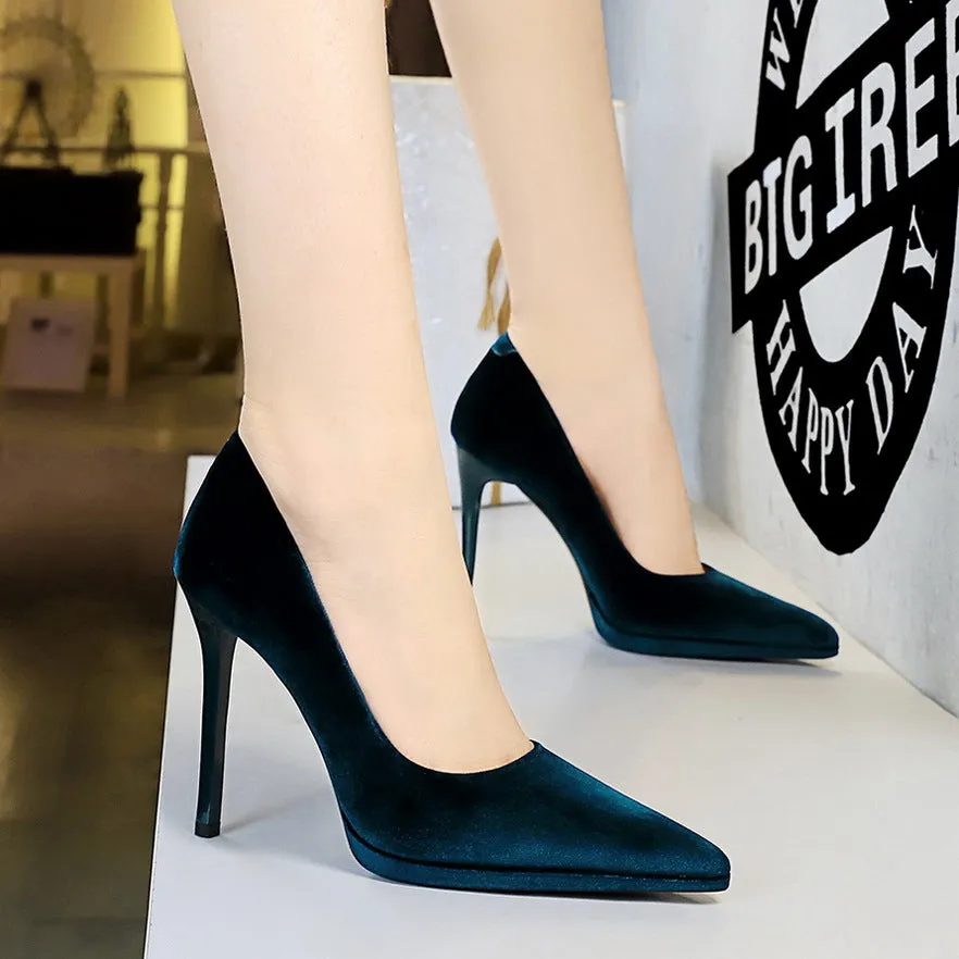 2025 3255-10  banquet super high heel waterproof table women's shoes thin heel shallow mouth pointed thickened Xishi suede shoes