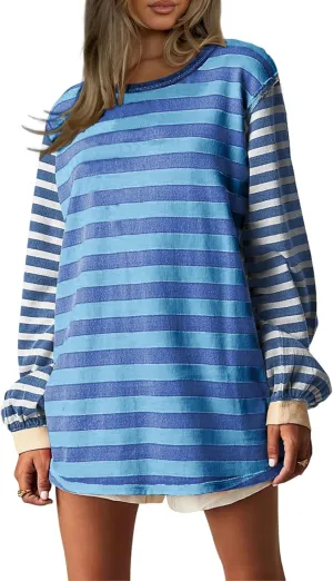 AMEBELLE Tops for Women Trendy Oversized Long Sleeve Shirts for Women Y2K Tops Stripe Tee Womens Sweatshirt