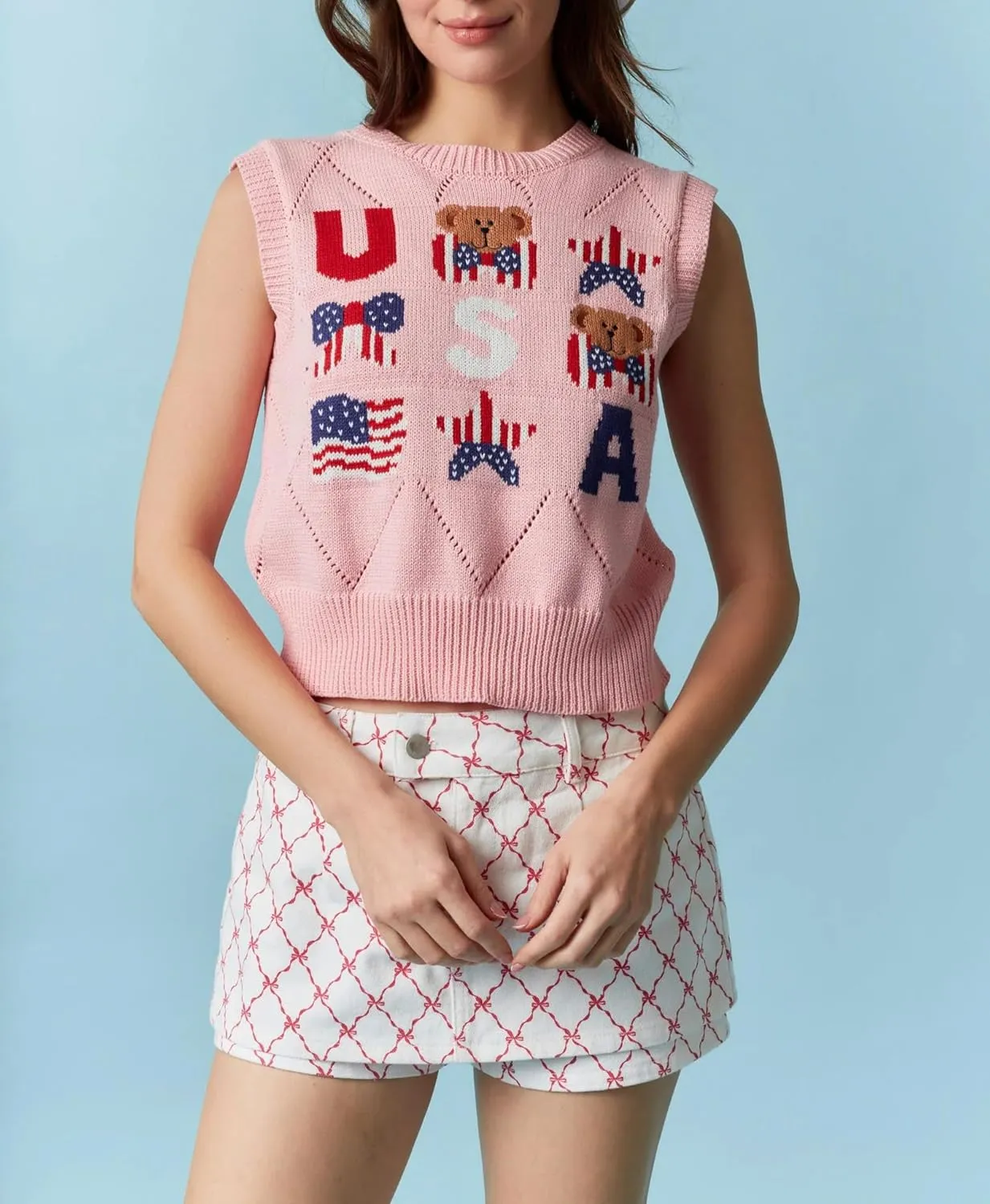 Amiblvowa Knit Vest Top Women Y2k Sexy Summer Slim Fit Crewneck Tank Sleeveless Going Out Knitted Cropped Crochet Sweater
