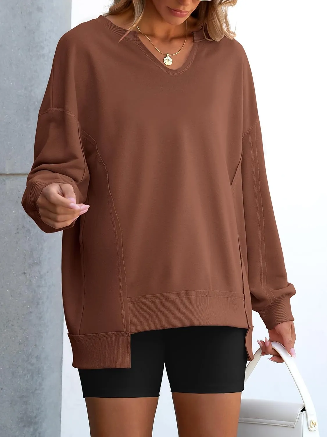 ANRABESS Womens Oversized Sweatshirts V Neck Long Sleeve Tunic Lightweight Pullover Shirts 2025 Fall Tops Teen Girls Outfits