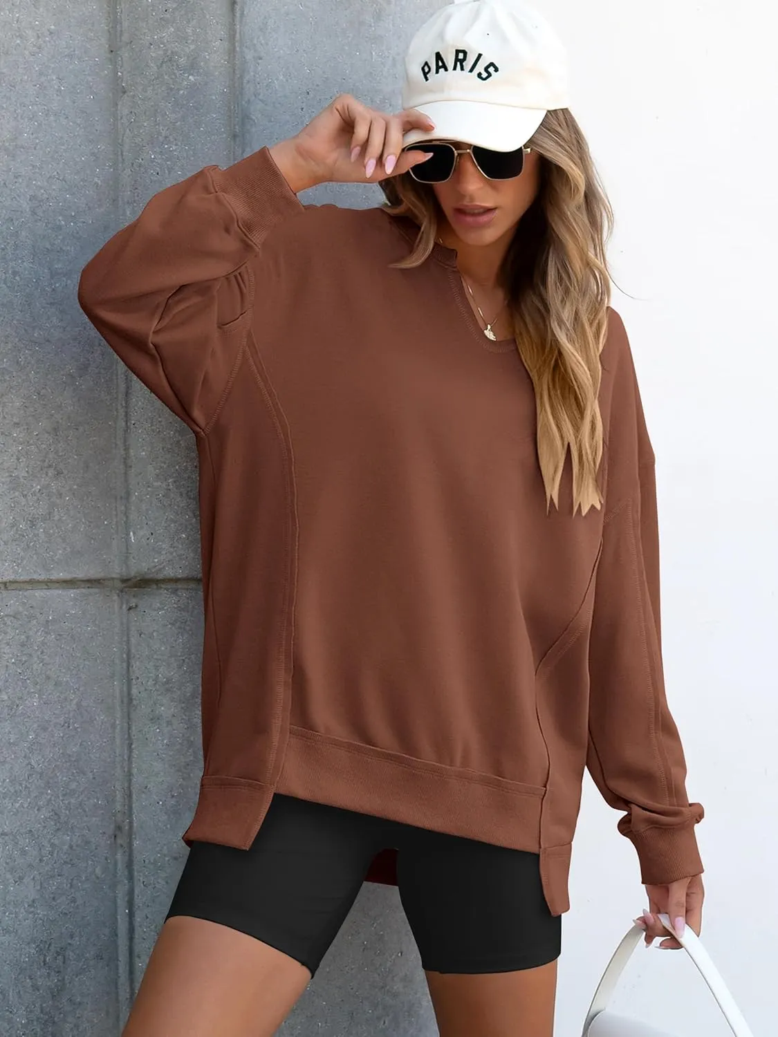 ANRABESS Womens Oversized Sweatshirts V Neck Long Sleeve Tunic Lightweight Pullover Shirts 2025 Fall Tops Teen Girls Outfits