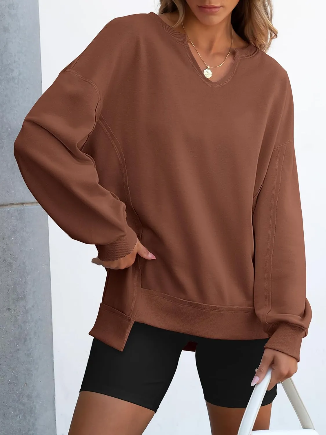 ANRABESS Womens Oversized Sweatshirts V Neck Long Sleeve Tunic Lightweight Pullover Shirts 2025 Fall Tops Teen Girls Outfits