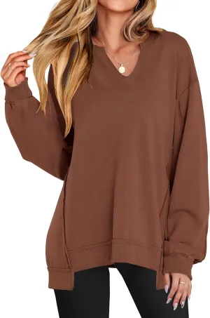 ANRABESS Womens Oversized Sweatshirts V Neck Long Sleeve Tunic Lightweight Pullover Shirts 2025 Fall Tops Teen Girls Outfits