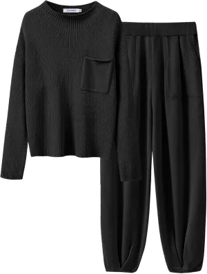 ANRABESS Women's Two Piece Outfits Long Sleeve Knit Top Fall Sweater Set Oversized Pants Tracksuit Lounge Sets