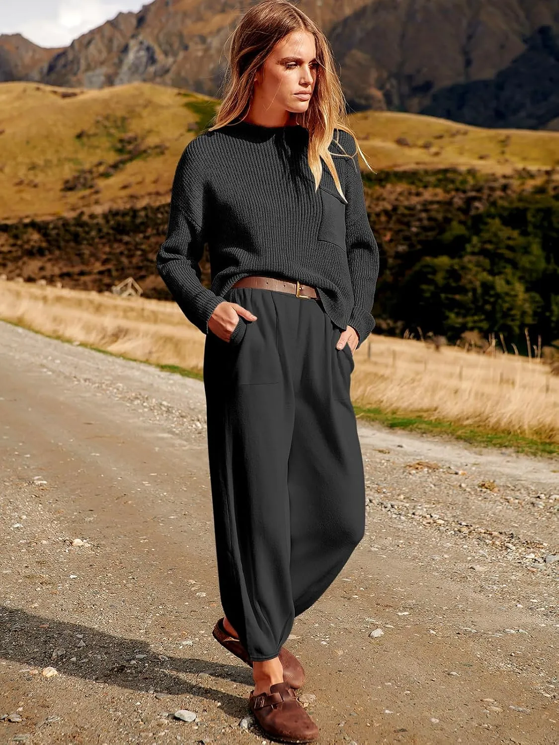 ANRABESS Women's Two Piece Outfits Long Sleeve Knit Top Fall Sweater Set Oversized Pants Tracksuit Lounge Sets