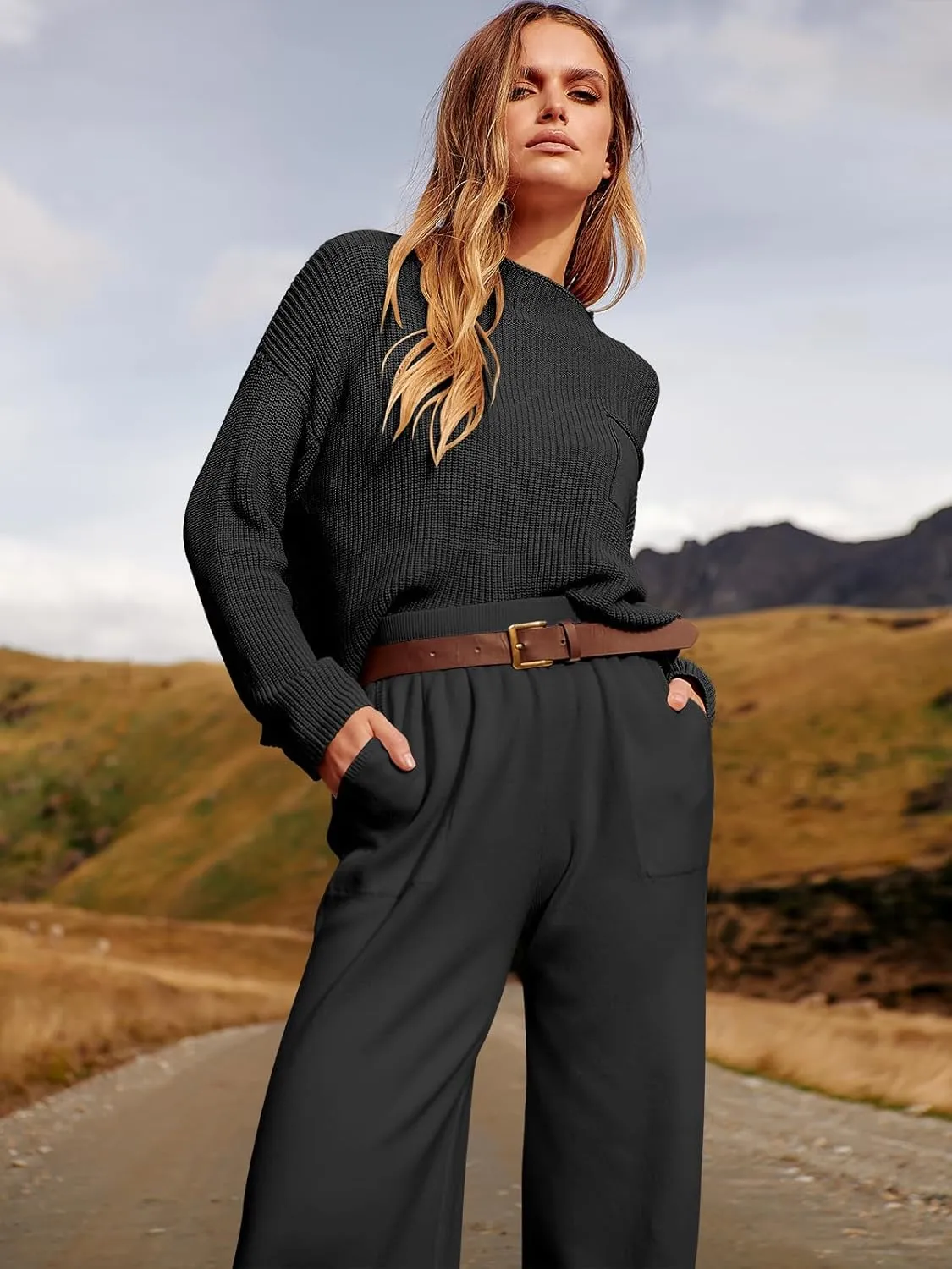 ANRABESS Women's Two Piece Outfits Long Sleeve Knit Top Fall Sweater Set Oversized Pants Tracksuit Lounge Sets