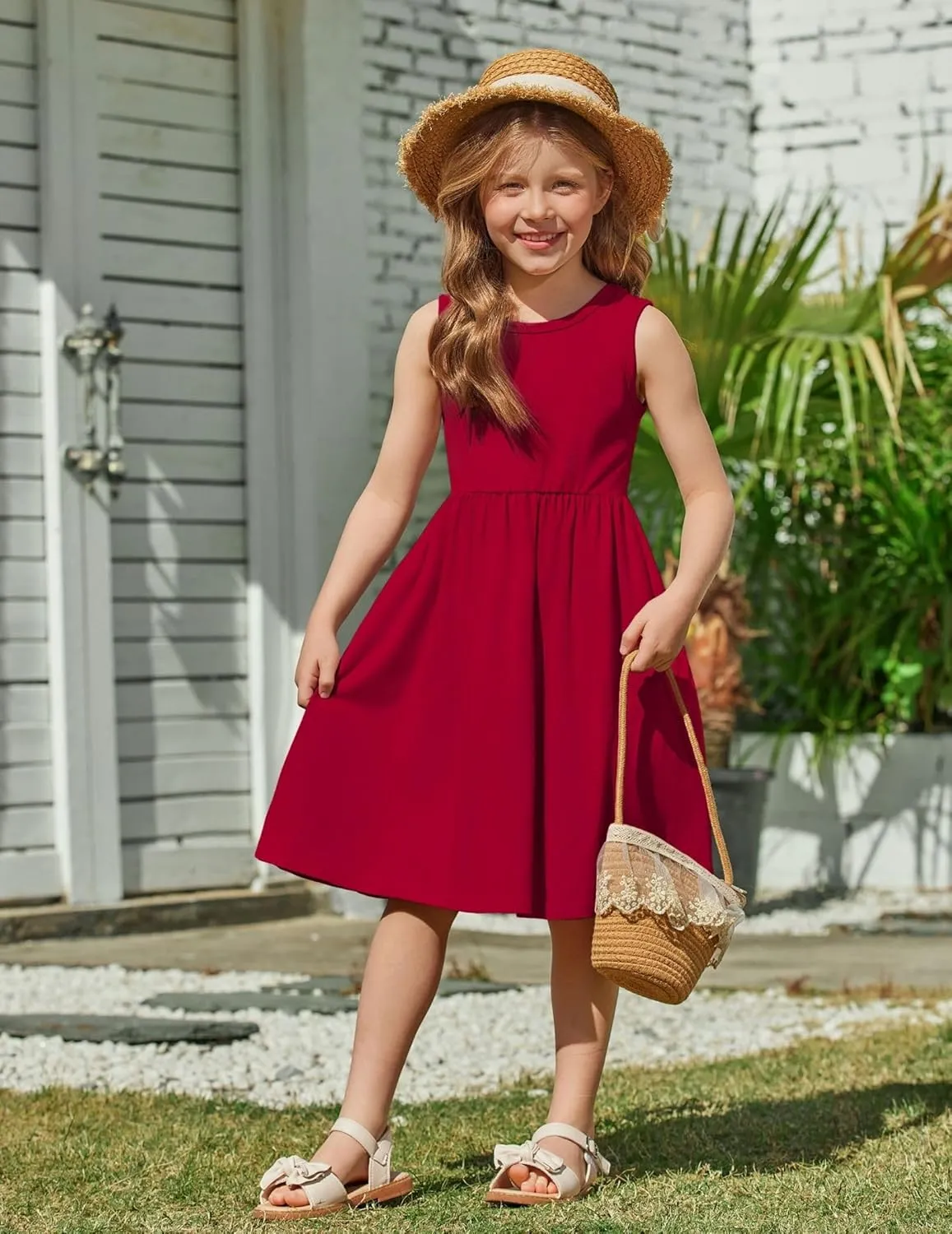 Arshiner Toddler Girls Summer Dress Back Bowknot Sleeveless Twirly Casual Beach Party Sundress with Pockets