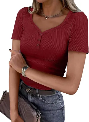ATHMILE Womens Summer Short Sleeve V Neck Ribbed Knit Button T Shirts Henley Solid Color Trendy BasicTee