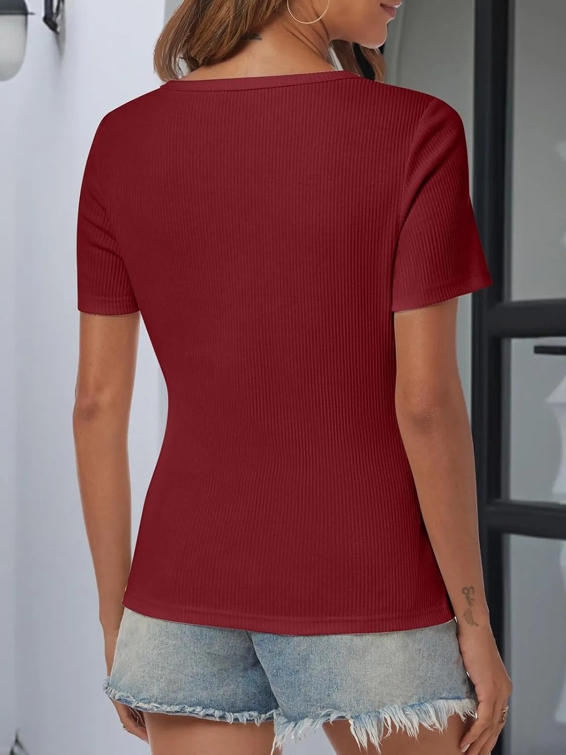 ATHMILE Womens Summer Short Sleeve V Neck Ribbed Knit Button T Shirts Henley Solid Color Trendy BasicTee