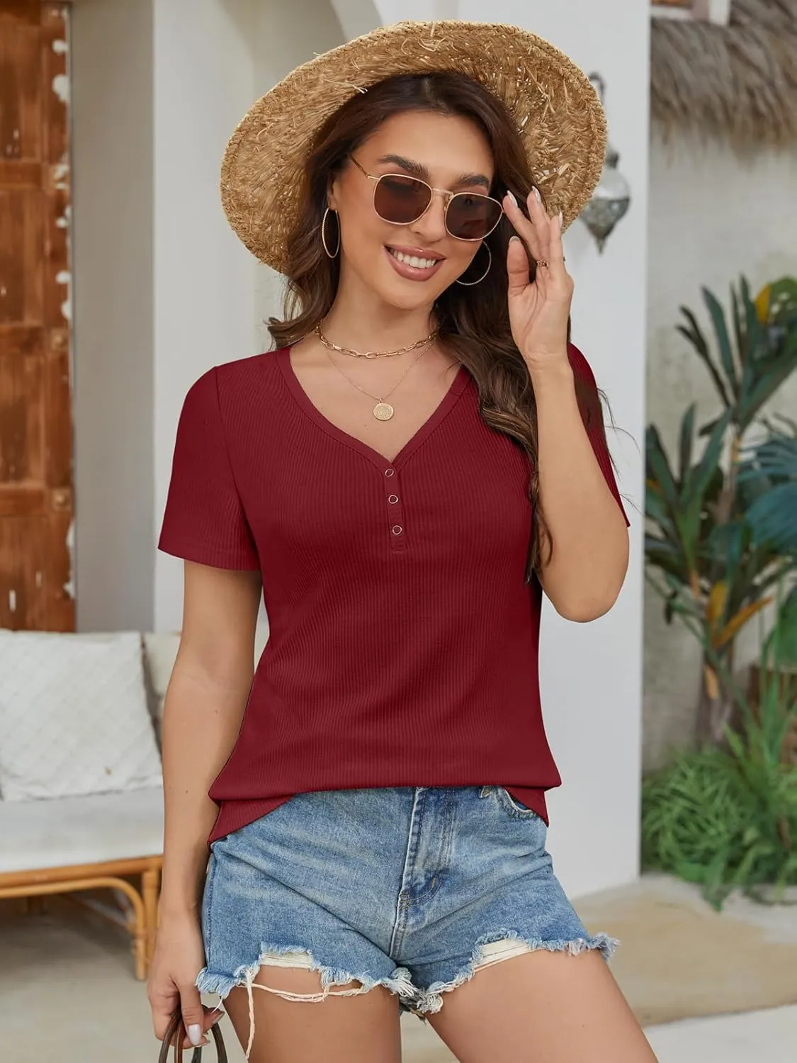 ATHMILE Womens Summer Short Sleeve V Neck Ribbed Knit Button T Shirts Henley Solid Color Trendy BasicTee