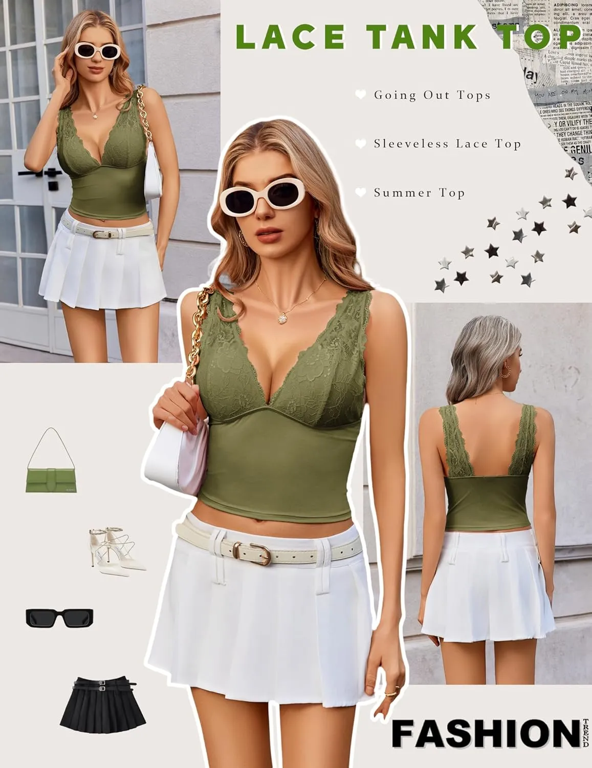 Avidlove Tank Top for Women Summer Lace Going Out Tops Sexy V Neck Sleeveless Y2k Lace Crop Tops
