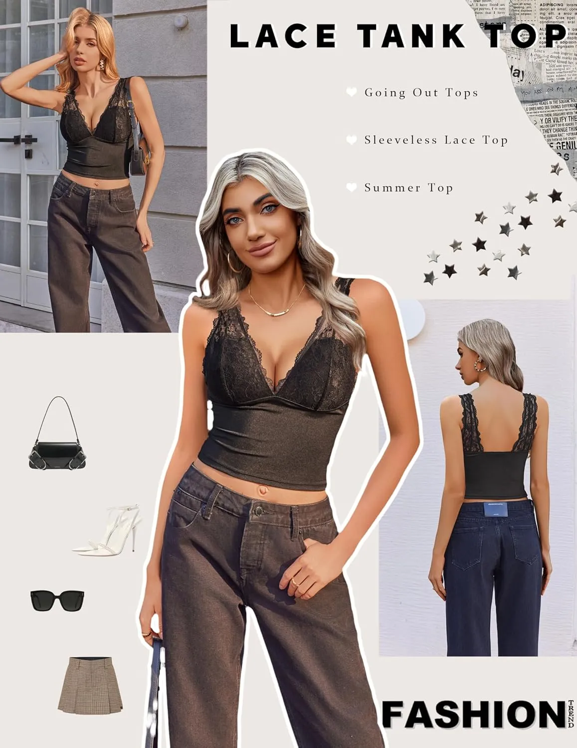 Avidlove Tank Top for Women Summer Lace Going Out Tops Sexy V Neck Sleeveless Y2k Lace Crop Tops