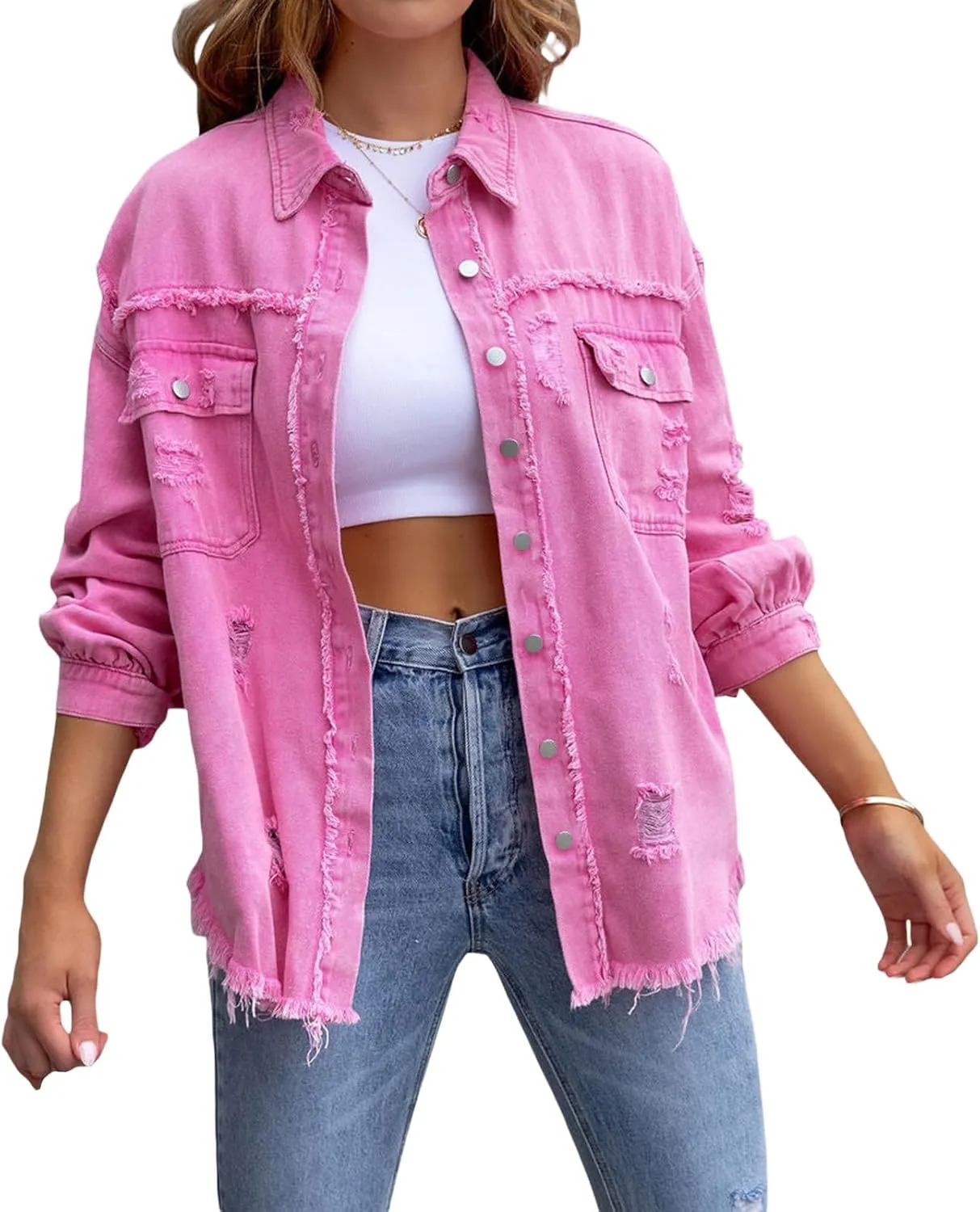Awoscut Women's Basic Long Sleeve Ripped Distressed Denim Jacket Button Down Boyfriend Jean Coat Trucker Jackets Fall Top