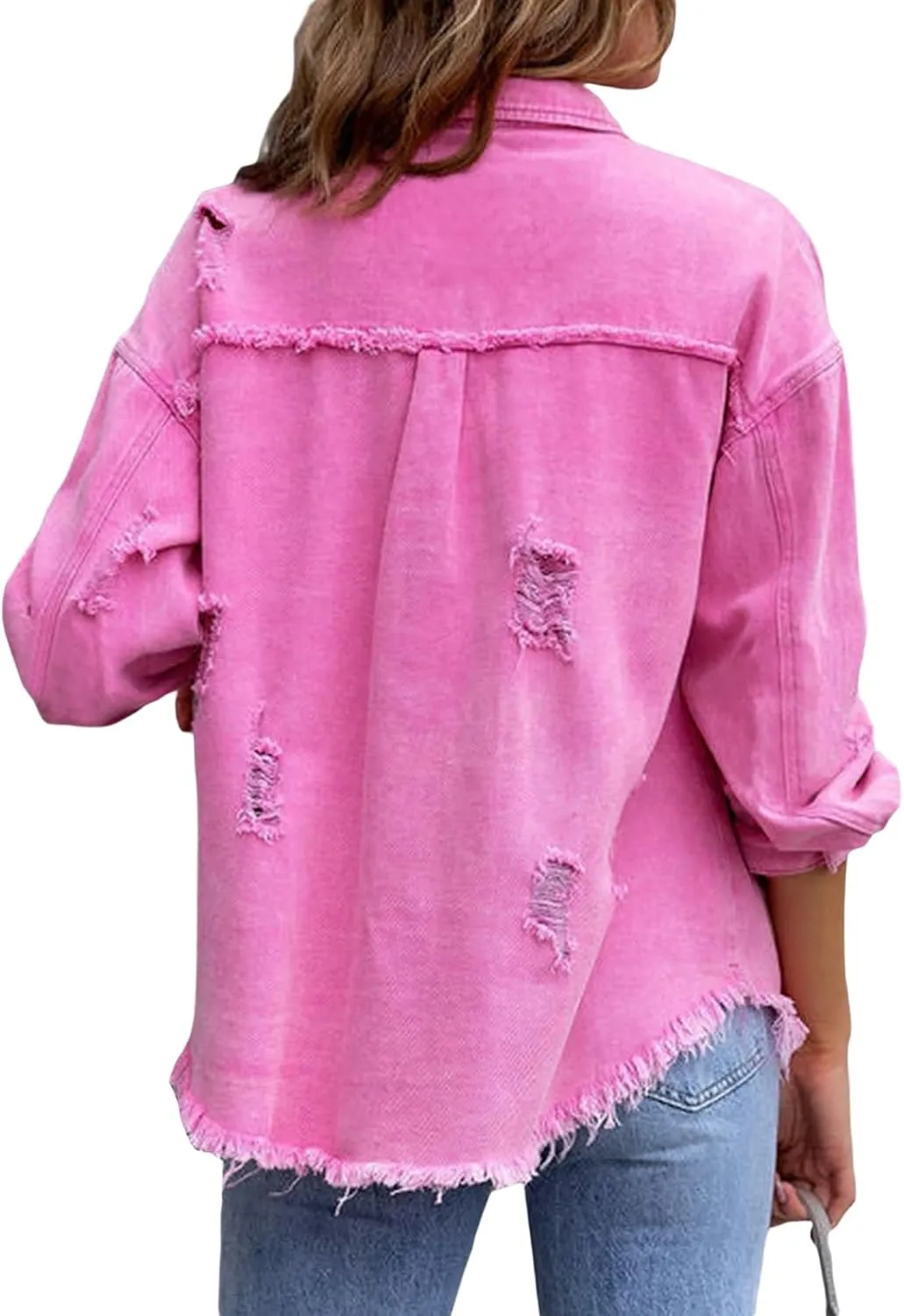 Awoscut Women's Basic Long Sleeve Ripped Distressed Denim Jacket Button Down Boyfriend Jean Coat Trucker Jackets Fall Top