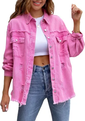 Awoscut Women's Basic Long Sleeve Ripped Distressed Denim Jacket Button Down Boyfriend Jean Coat Trucker Jackets Fall Top