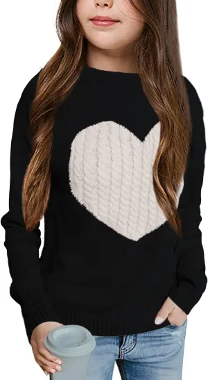 Batermoon Girls' Pullover Sweaters Long Sleeve Cute Heart Pattern Crewneck Knit Jumper Tops