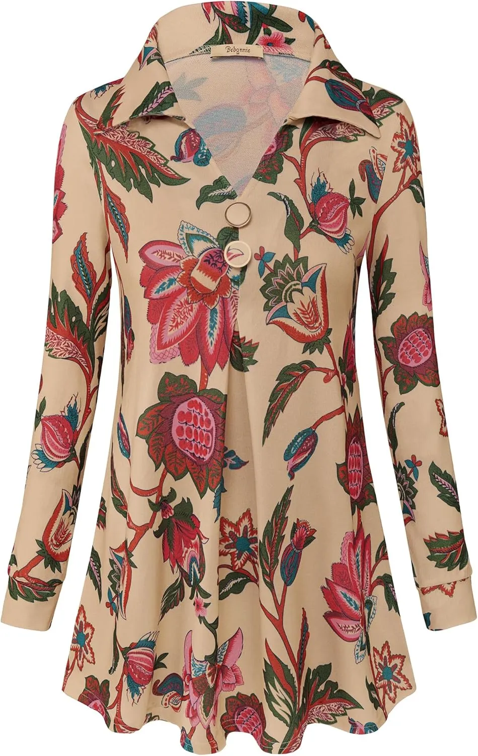 Bebonnie Womens Long Sleeve Casual Lapel V Neck Pullover Tunic Blouse Tops with Buttons