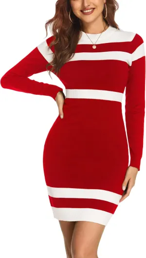 Beyove Women's Colorblock Striped Long Sleeve Cotton Knit Sweater Bodycon Dress XS-XXL