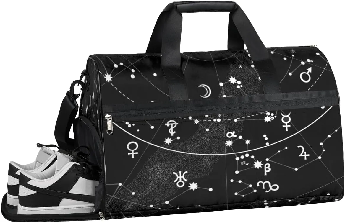 Black Wanderlust Sports Gym Bag with Wet Pocket & Shoes Compartment Waterproof Workout Duffel Bag for Women and Men Weekender Overnight Duffle Bag Travel Carry-on Tote