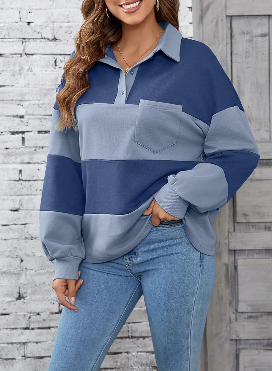 BLENCOT Womens Oversized Striped Sweatshirt Color Block Fall Pullover Polo Shirt Casual Loose Trendy Tops