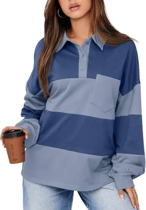 BLENCOT Womens Oversized Striped Sweatshirt Color Block Fall Pullover Polo Shirt Casual Loose Trendy Tops