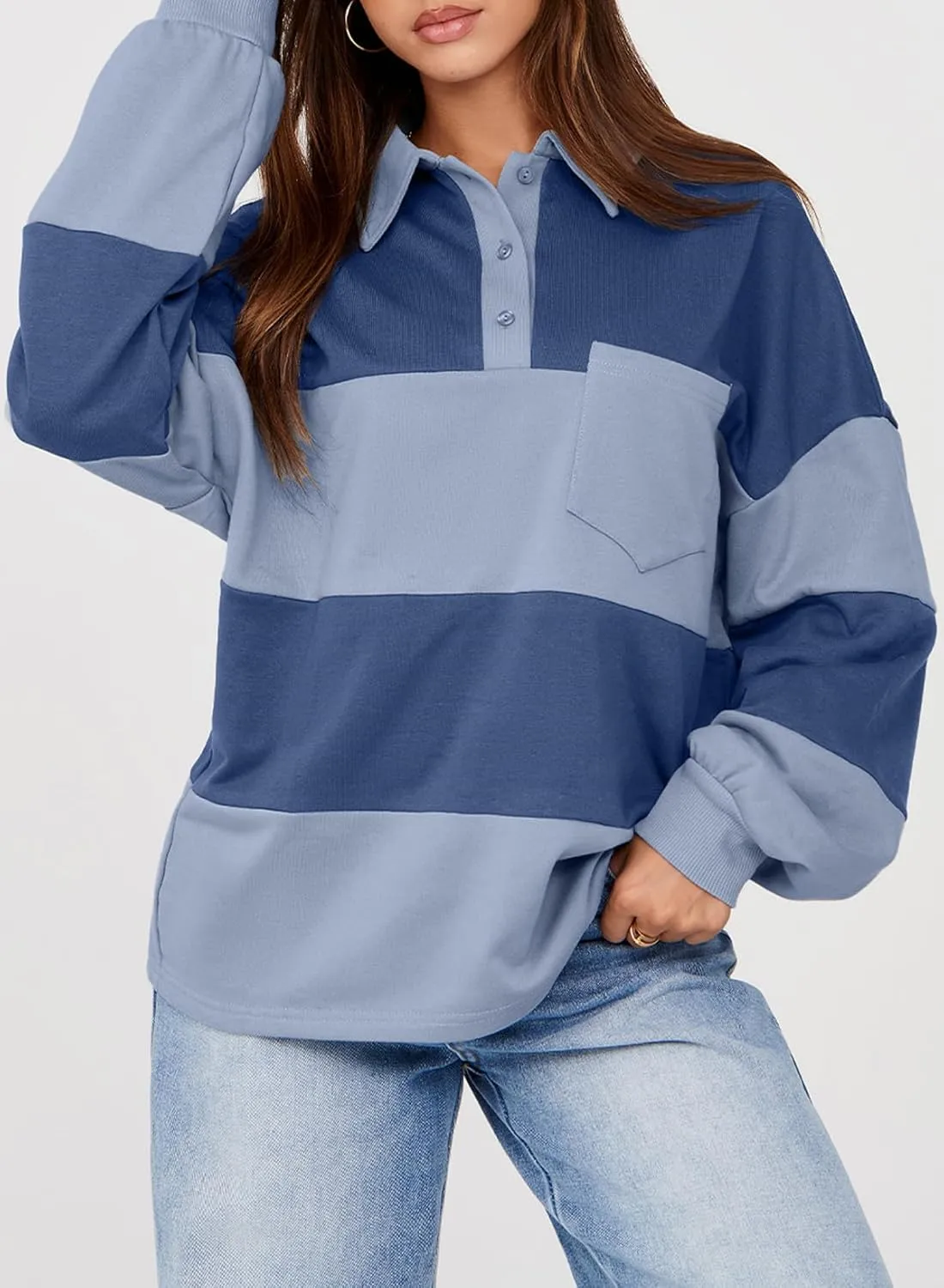 BLENCOT Womens Oversized Striped Sweatshirt Color Block Fall Pullover Polo Shirt Casual Loose Trendy Tops