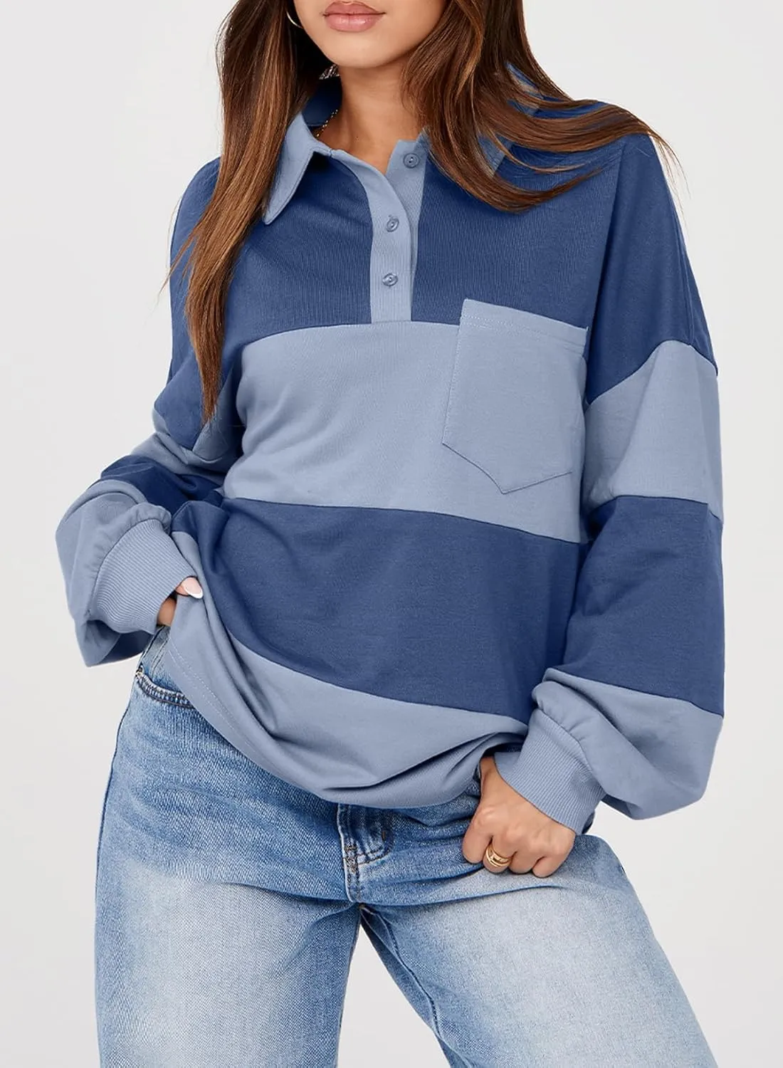BLENCOT Womens Oversized Striped Sweatshirt Color Block Fall Pullover Polo Shirt Casual Loose Trendy Tops