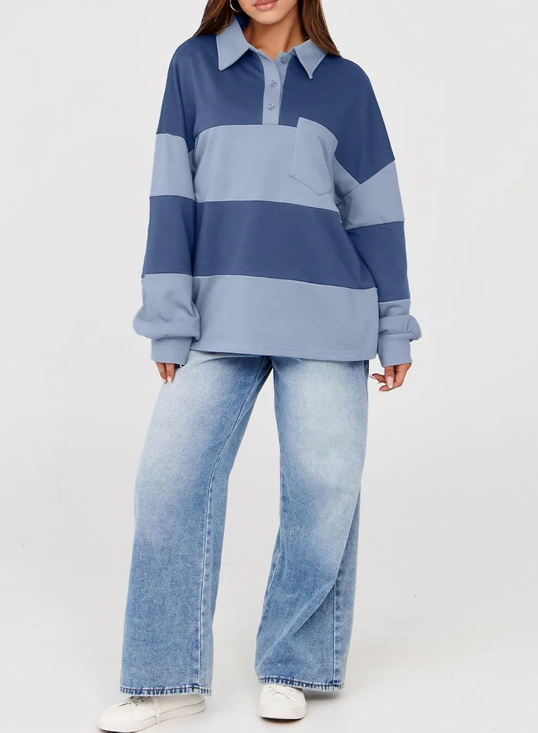 BLENCOT Womens Oversized Striped Sweatshirt Color Block Fall Pullover Polo Shirt Casual Loose Trendy Tops