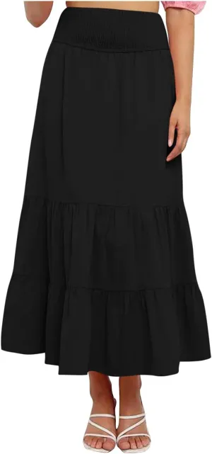 Boho Skirts for Women 2025 Summer Elastic Waist Ruffle Long Skirt Vacation Hawaiian Flowy Tiered Maxi Skirt