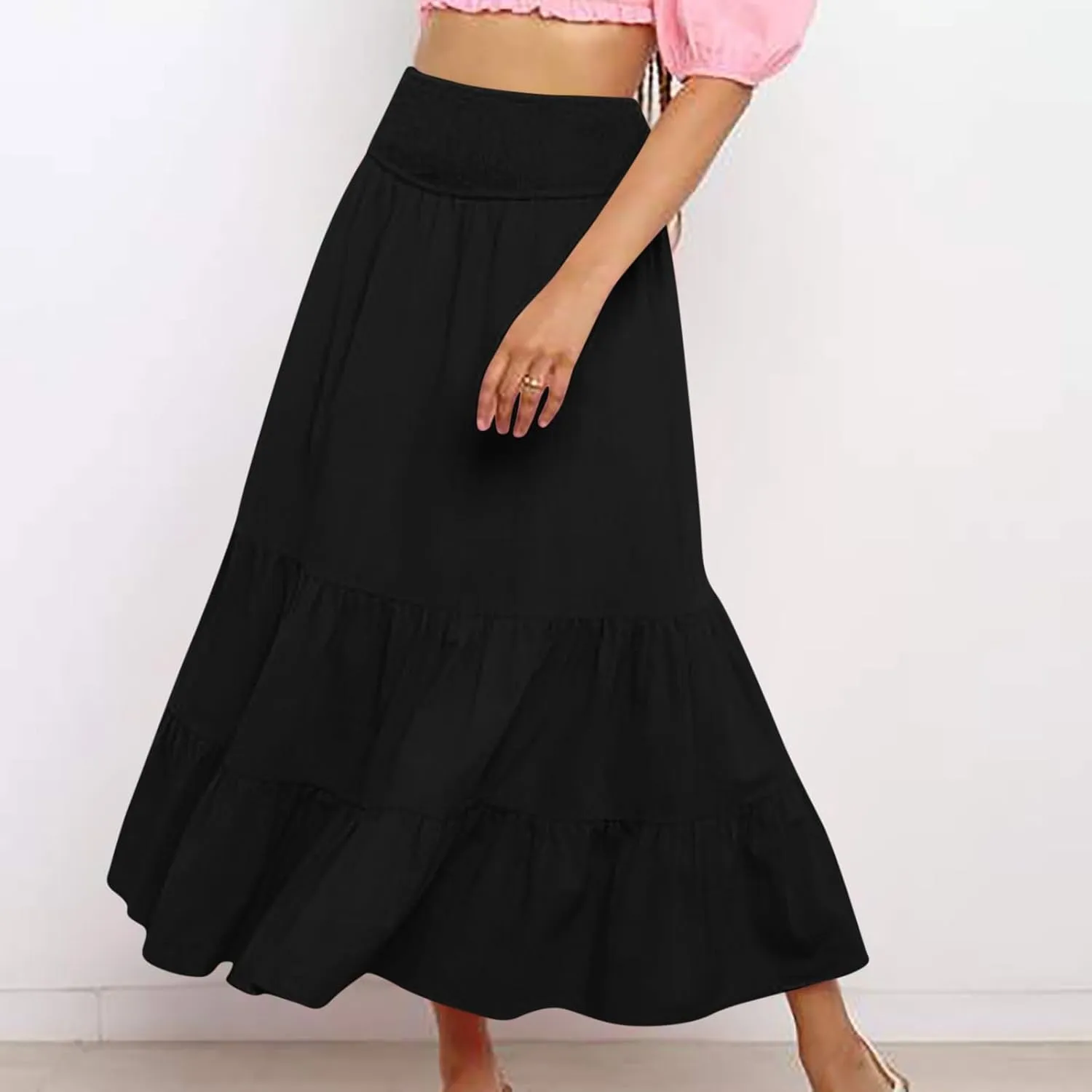 Boho Skirts for Women 2025 Summer Elastic Waist Ruffle Long Skirt Vacation Hawaiian Flowy Tiered Maxi Skirt
