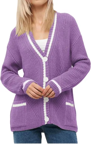 Button Down Sweaters for Women V Neck Color Block Cardigan Sweater Long Sleeve Chunky Knit Coat