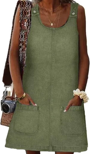 BZB Women's Sleeveless Casual Denim Dress Crewneck Vintage Loose Jean Overall Dress with Pockets
