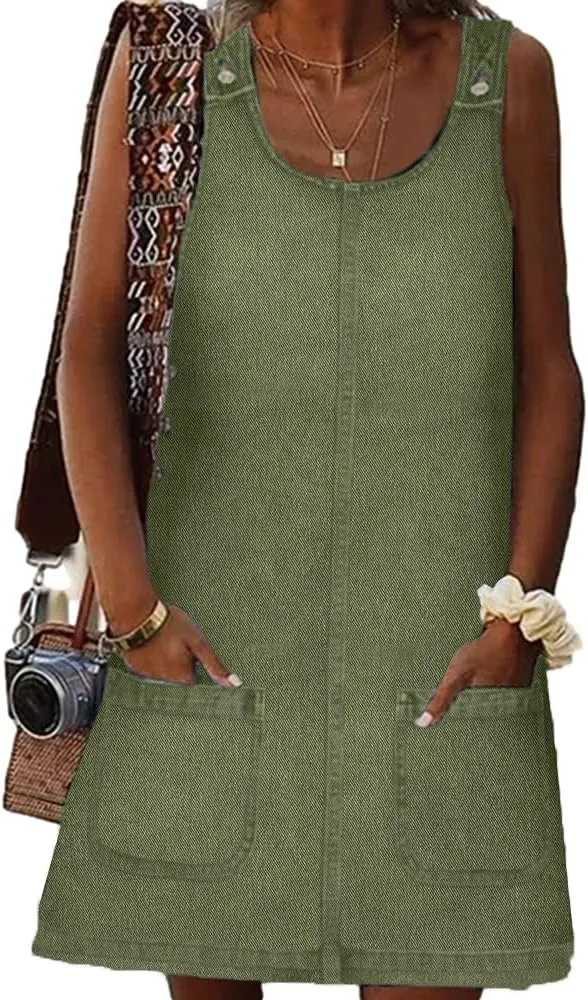 BZB Women's Sleeveless Casual Denim Dress Crewneck Vintage Loose Jean Overall Dress with Pockets