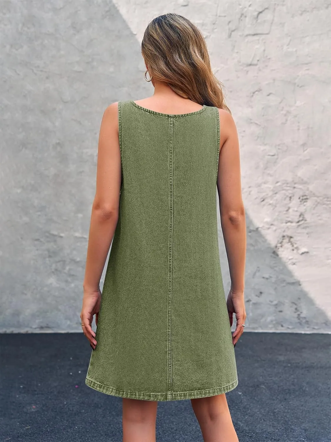 BZB Women's Sleeveless Casual Denim Dress Crewneck Vintage Loose Jean Overall Dress with Pockets