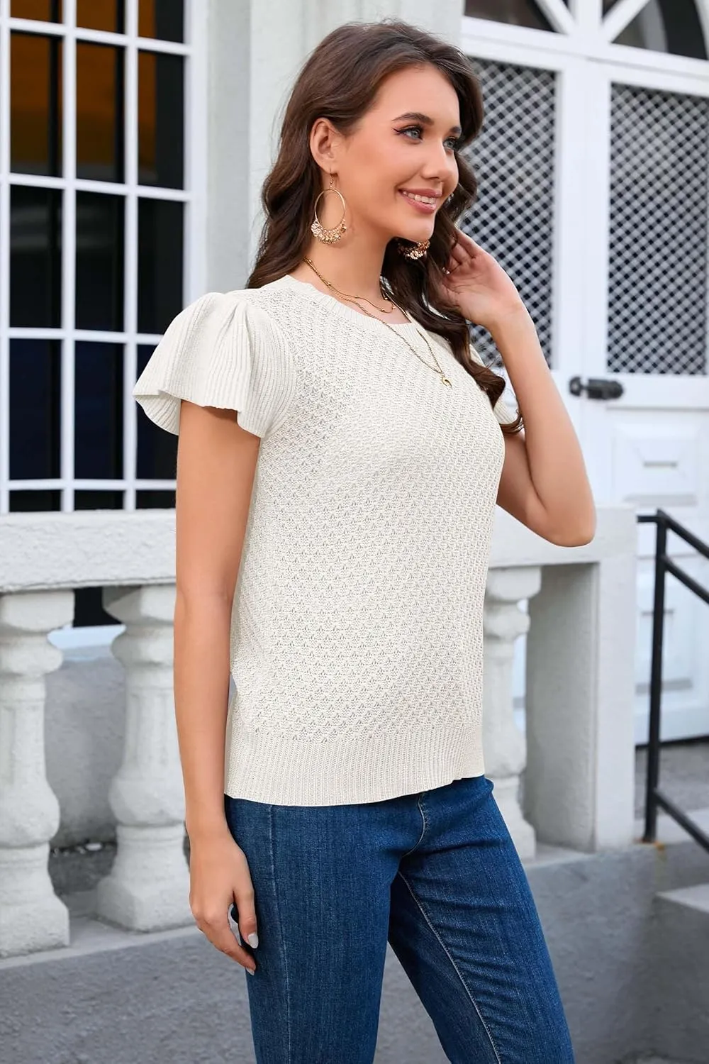 Cakulo Summer Crochet Tops for Women Ruffle Cap Short Sleeve Crew Neck Knit Hollow Out Casual Spring Sweater Top