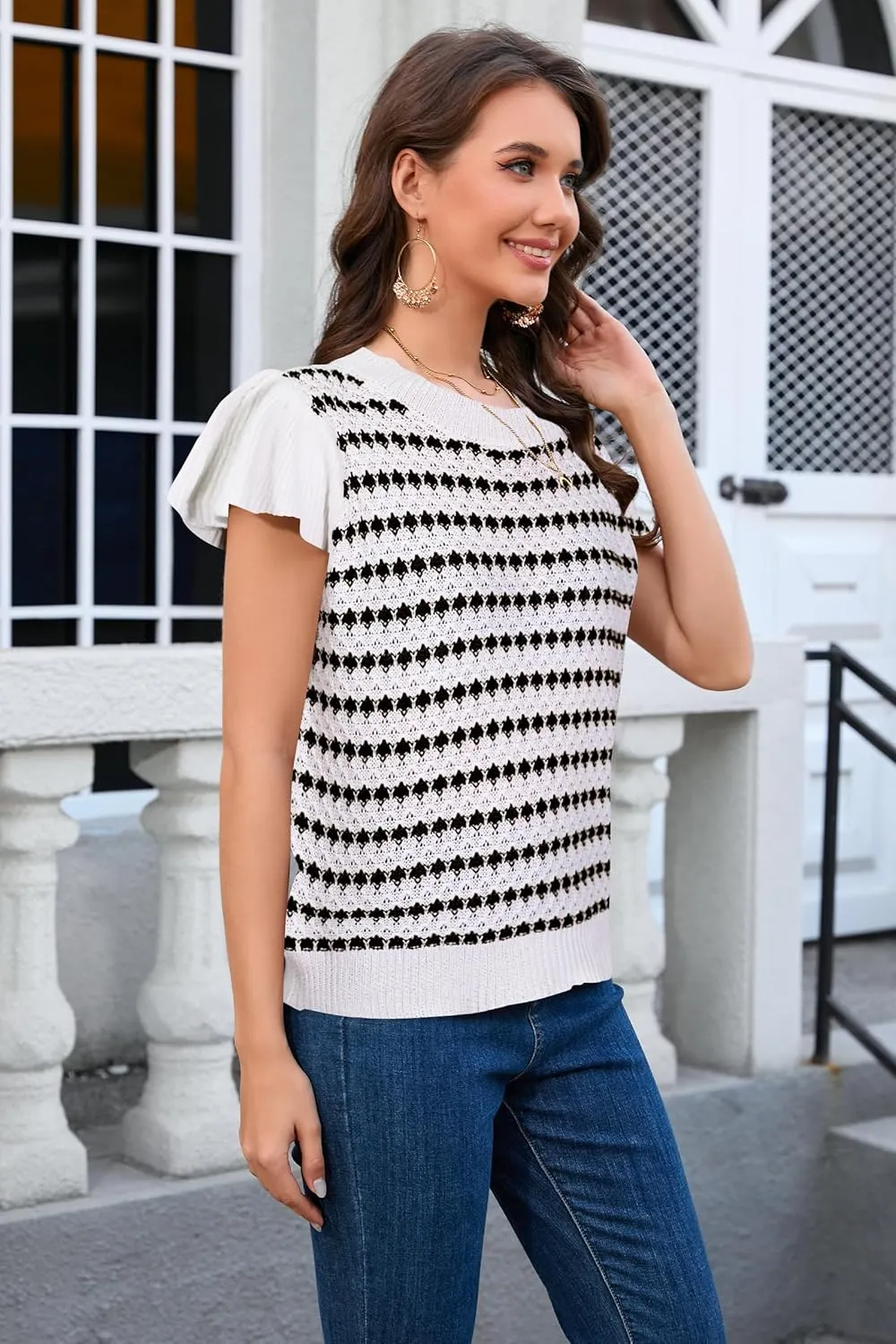 Cakulo Summer Crochet Tops for Women Ruffle Cap Short Sleeve Crew Neck Knit Hollow Out Casual Spring Sweater Top