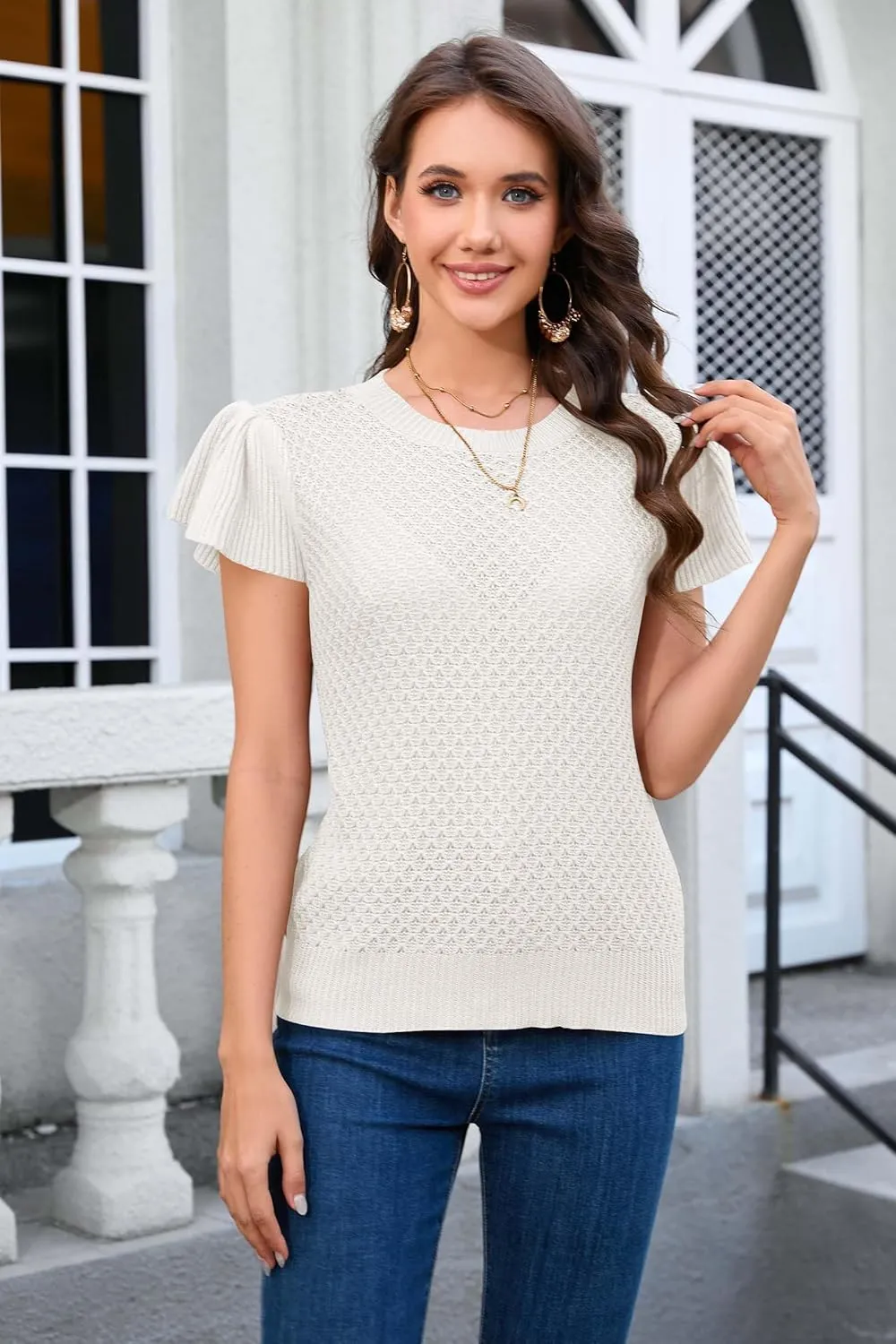 Cakulo Summer Crochet Tops for Women Ruffle Cap Short Sleeve Crew Neck Knit Hollow Out Casual Spring Sweater Top