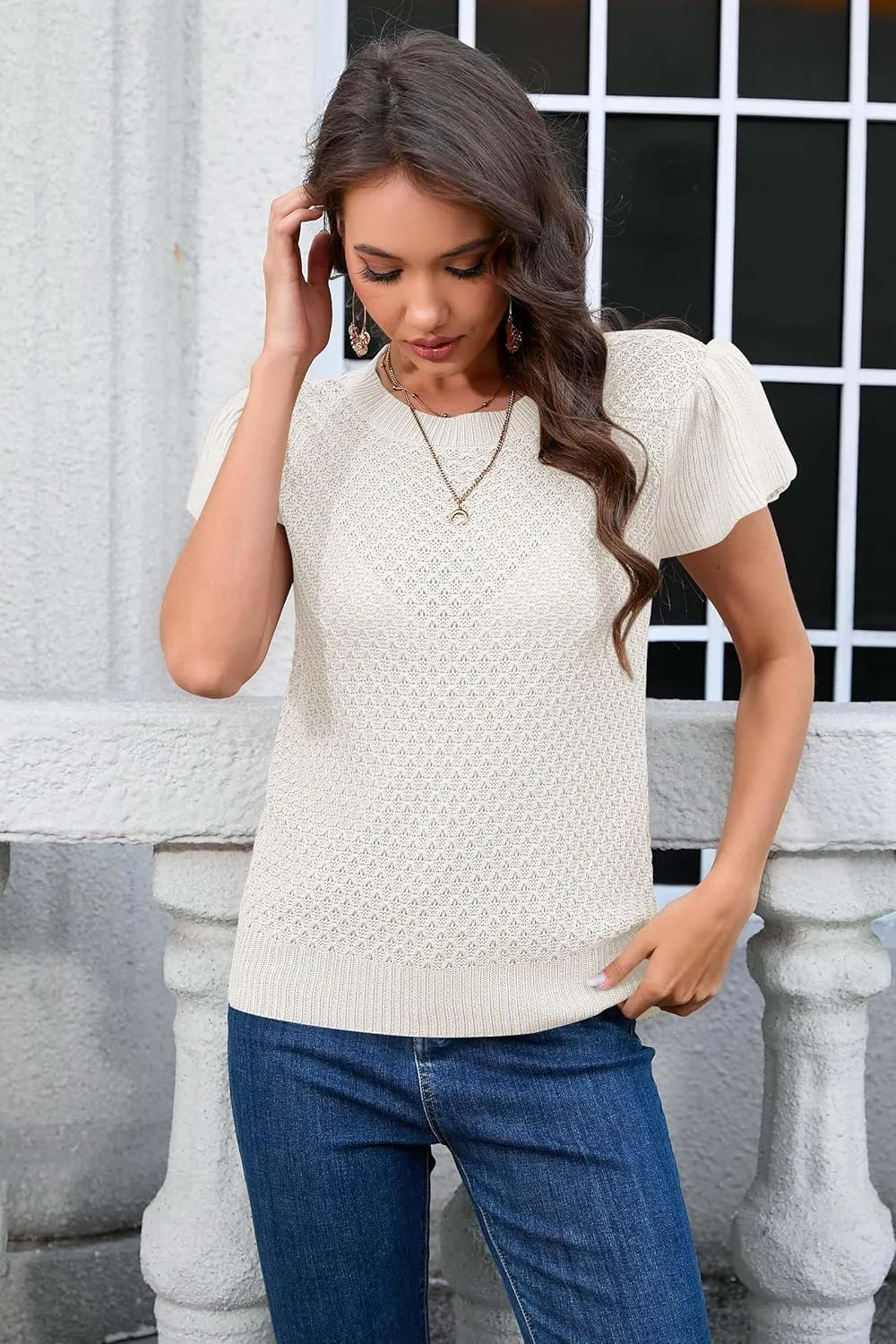 Cakulo Summer Crochet Tops for Women Ruffle Cap Short Sleeve Crew Neck Knit Hollow Out Casual Spring Sweater Top
