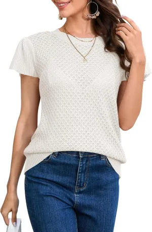 Cakulo Summer Crochet Tops for Women Ruffle Cap Short Sleeve Crew Neck Knit Hollow Out Casual Spring Sweater Top