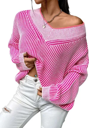 Cakulo Womens Fall 2024 Oversized Striped V Neck Sweaters Long Sleeve Knit Color Block Trendy Pullover Sweater Top