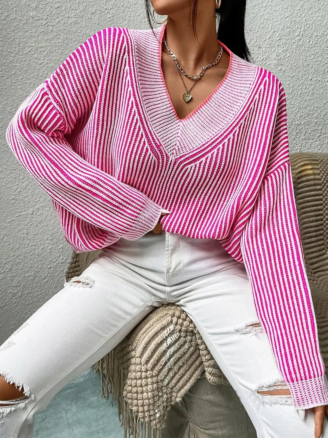 Cakulo Womens Fall 2024 Oversized Striped V Neck Sweaters Long Sleeve Knit Color Block Trendy Pullover Sweater Top