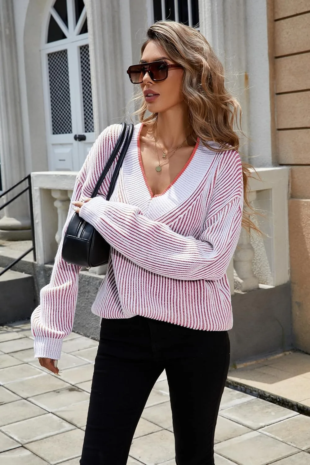 Cakulo Womens Fall 2024 Oversized Striped V Neck Sweaters Long Sleeve Knit Color Block Trendy Pullover Sweater Top