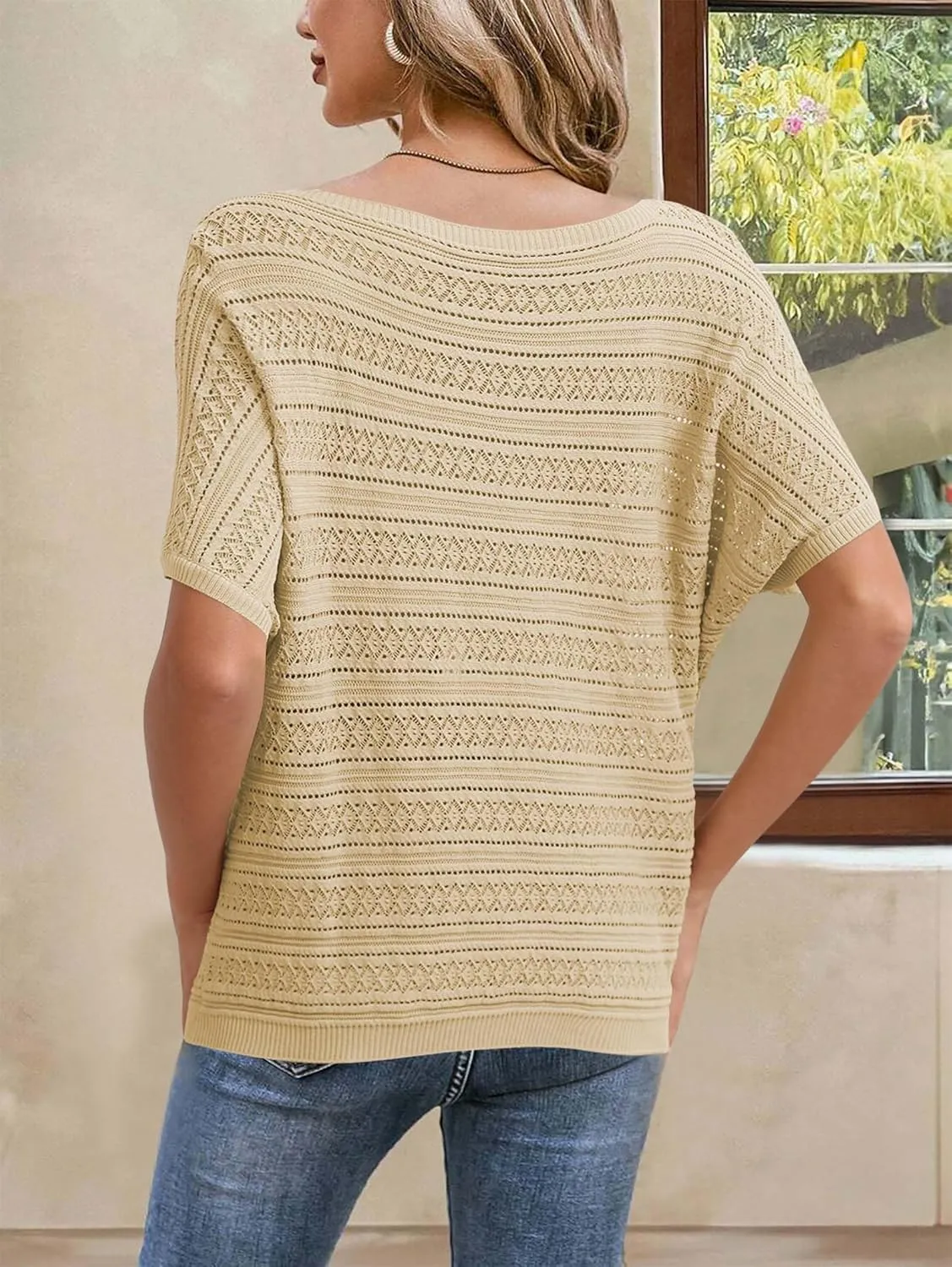 Cakulo Womens Summer Crochet Tops Hollow Out Off The Shoulder Short Sleeve Batwing Knit Spring Sweater Top 2025