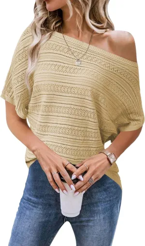 Cakulo Womens Summer Crochet Tops Hollow Out Off The Shoulder Short Sleeve Batwing Knit Spring Sweater Top 2025