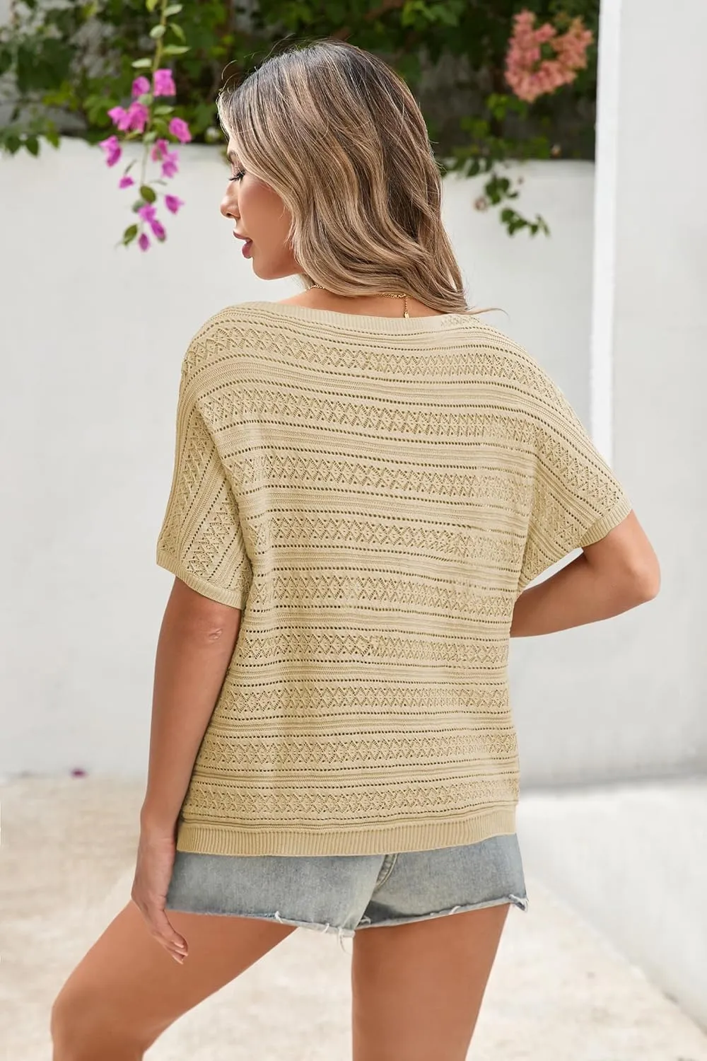 Cakulo Womens Summer Crochet Tops Hollow Out Off The Shoulder Short Sleeve Batwing Knit Spring Sweater Top 2025