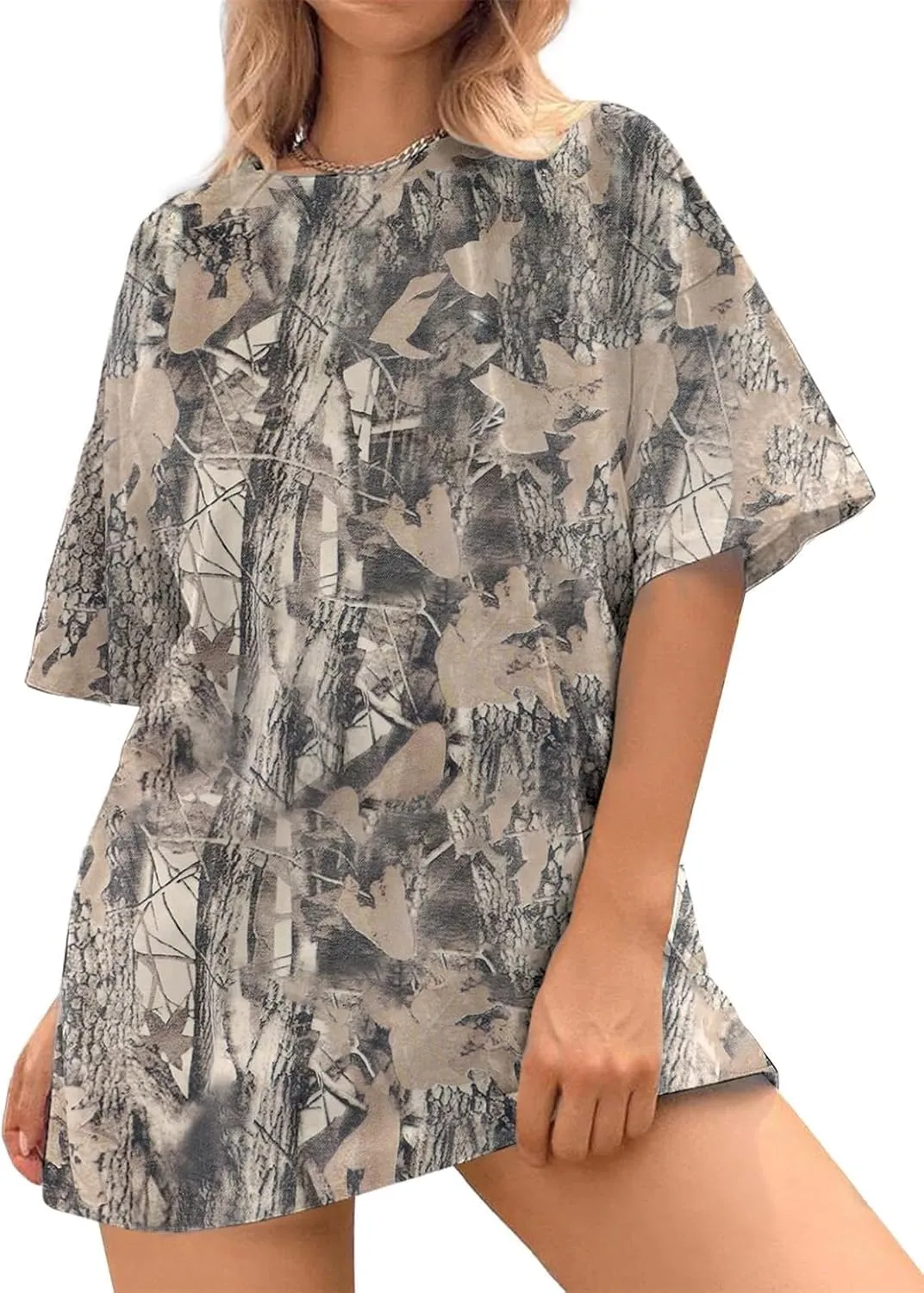 Camo Oversized Tee Shirt for Women Men Short Sleeve Crew Neck T-Shirts Maple Leaf Print Baggy Streetwear Shirt