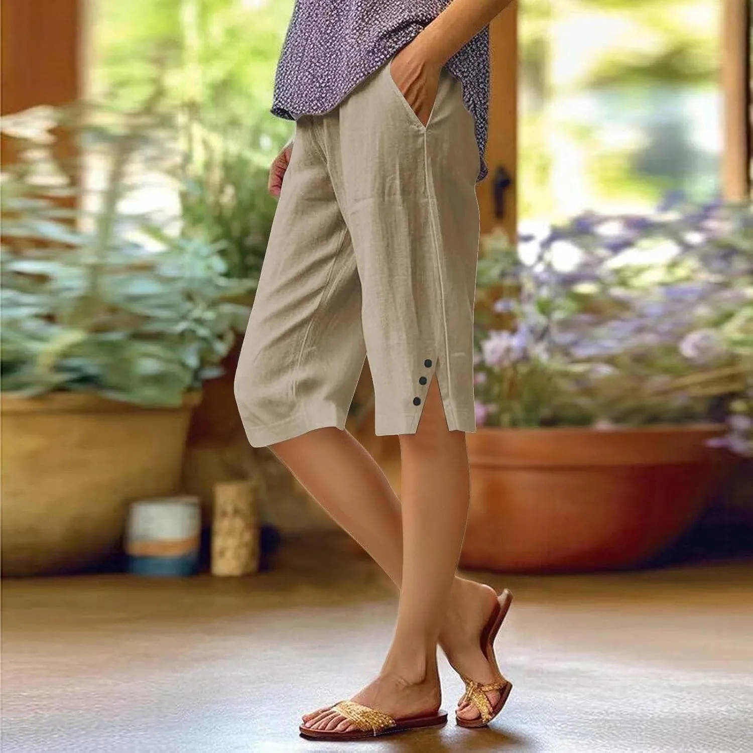 Capri Pants for Women Bermuda Shorts 2025 High Waisted Wide Leg Cropped Linen Pants Casual Palazzo Pant with Pockets