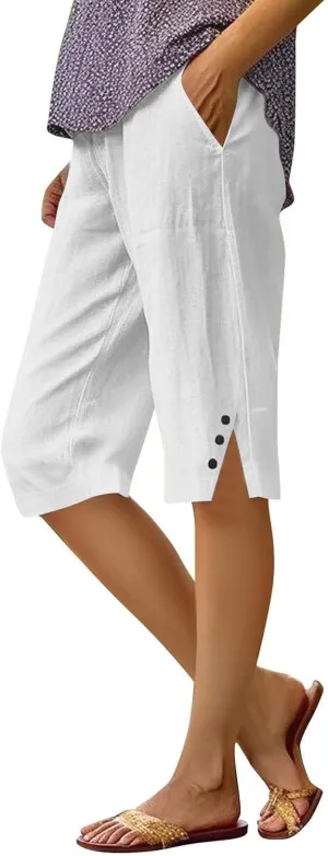 Capri Pants for Women Bermuda Shorts 2025 High Waisted Wide Leg Cropped Linen Pants Casual Palazzo Pant with Pockets